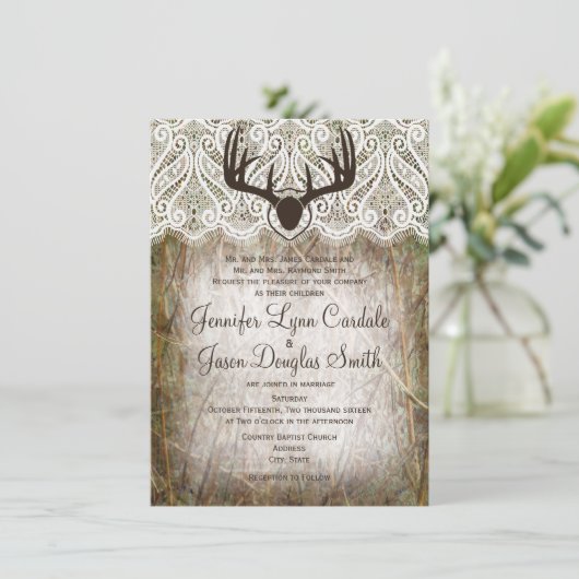 国素朴迷彩柄狩り〔雄ジカの〕枝角結婚式の招待 招待状 (スタンド正面)