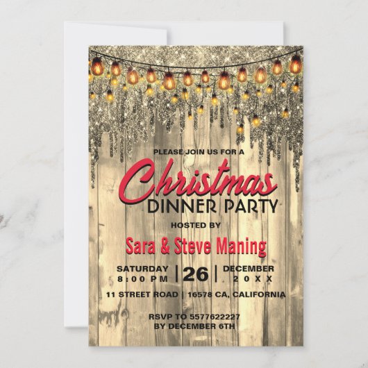 国素朴金ゴールドグリッターがクリスマスライトを乾燥 招待状 (正面)