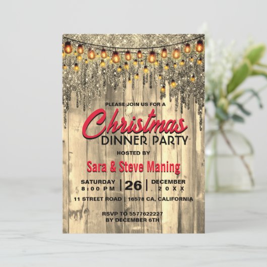 国素朴金ゴールドグリッターがクリスマスライトを乾燥 招待状 (スタンド正面)
