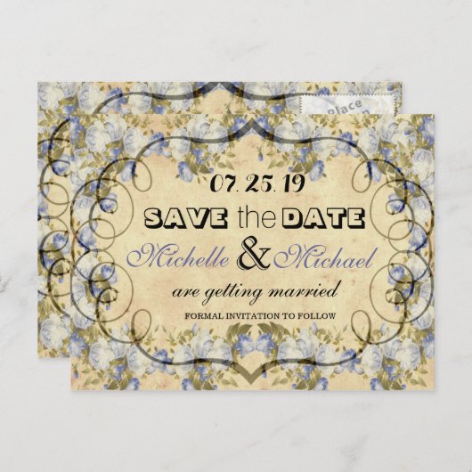 国素朴青フローラ結婚式の日付を保存 案内ポストカード (正面/裏面)