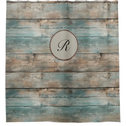 国素朴青擦り切れた木製フェンス板 シャワーカーテン (正面)