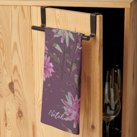 国紫モダンフローラモノグラムの キッチンタオル (三つ折り)