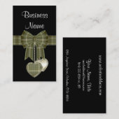 国緑の格子縞リボン付き/ハート名刺 名刺 (正面/裏面)