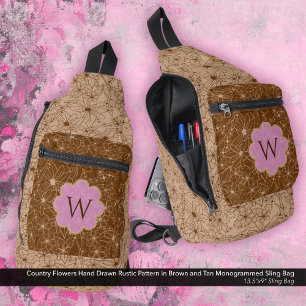 国花パターンブラウンタンピンク素朴 スリングバッグ