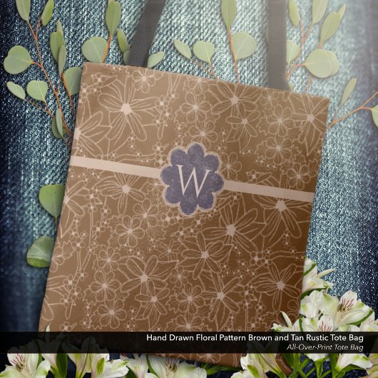 国花手描き模様茶素朴色 トートバッグ