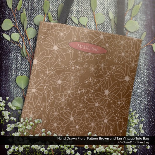 国花手描き模様茶素朴色 トートバッグ