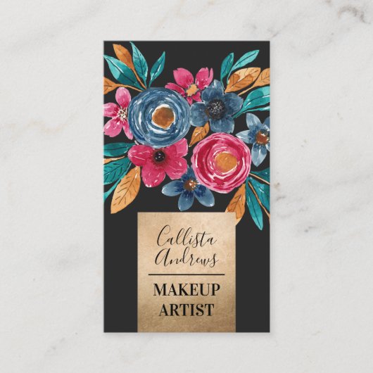 国金ゴールドレッドブルー秋金ゴールド水彩フラワー 名刺 (正面)