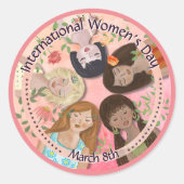 国際女性デー ピンクの女性的な肖像画 ラウンドシール (正面)