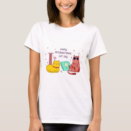国際猫の日おめでとう かわいい猫好きTシャツ Tシャツ (正面)