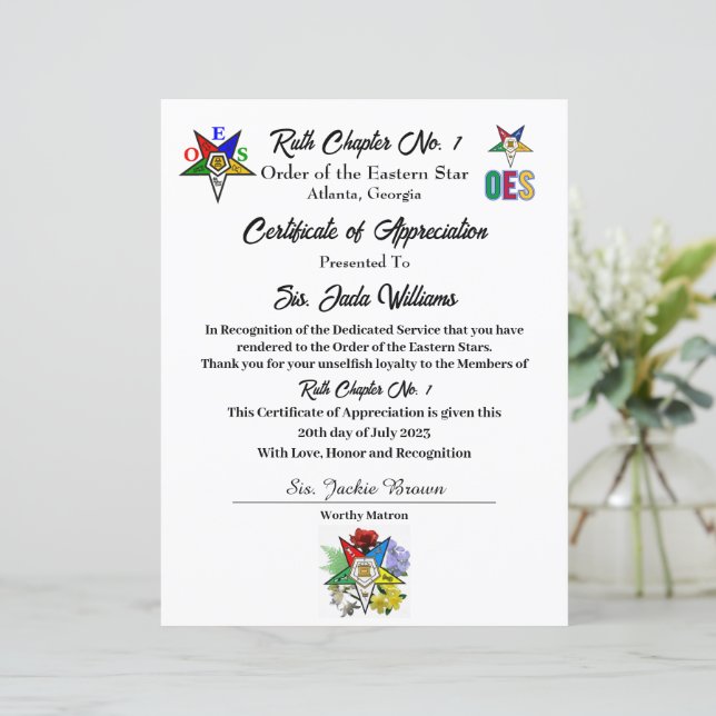 国際OES 感謝賞証明書 (スタンド正面)