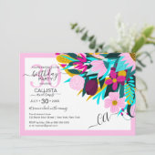 国 ゴールド ピンク フラワーリーフ ボーダー バースデー 招待状 (スタンド正面)