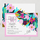 国 ゴールド ピンク フラワーリーフ ボーダー バースデー 招待状 (正面/裏面)