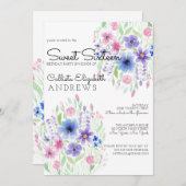 国 ピンク 紫 花 水彩 スイート 16 招待状 (正面/裏面)