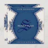 国 – フォークダークブルー+クリーム結婚式招待状 招待状 (正面/裏面)