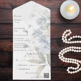 国 青い野の花 白 QRコード オールインワン招待状