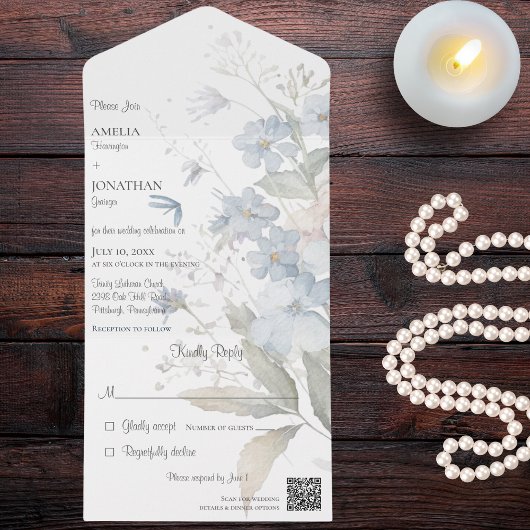 国 青い野の花 白 QRコード オールインワン招待状