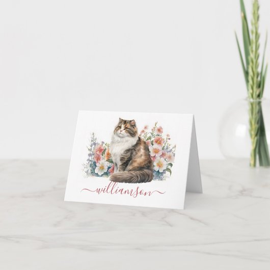 園内の愛らしい猫の水彩画と苗字 ノートカード (正面)