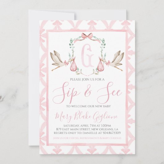 園区と参照ベビーガールウォーター色のコウノトリ 招待状 (正面)