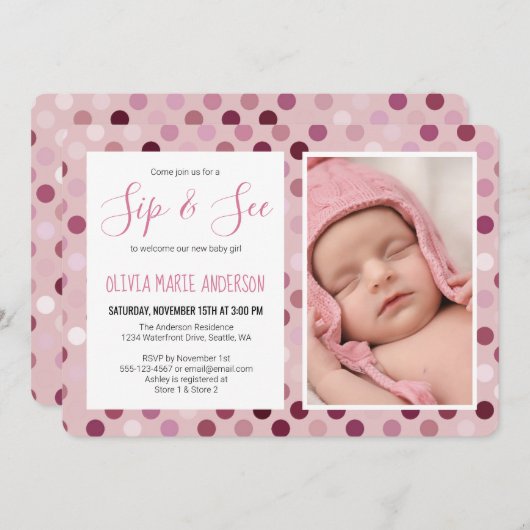 園区と見るベビーガールシャワーフォトピンク水玉模様 招待状 (正面/裏面)