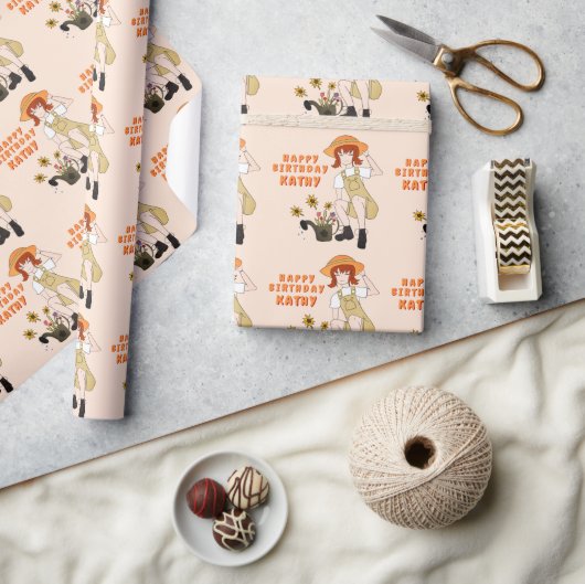 園芸ガールひまわりハッピーバースデー ラッピングペーパー (クラフト)