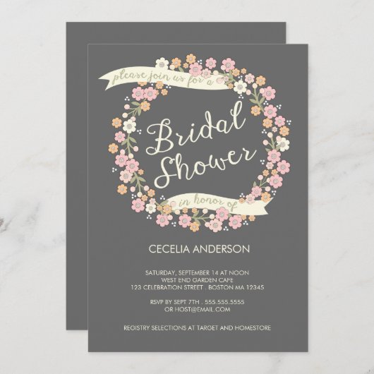 園遊会の花のリースのブライダルシャワーの赤面 招待状 (正面/裏面)