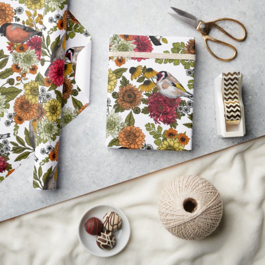 園鳥と花1 ラッピングペーパー (クラフト)