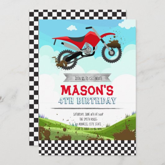 土のバイクの誕生日のパーティの招待状 招待状 (正面/裏面)