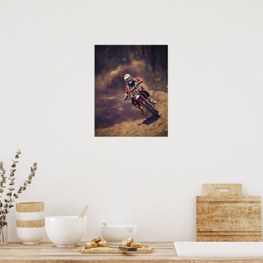 土のバイクもしくは自転車に乗る人川と森の向こう ポスター (キッチン)