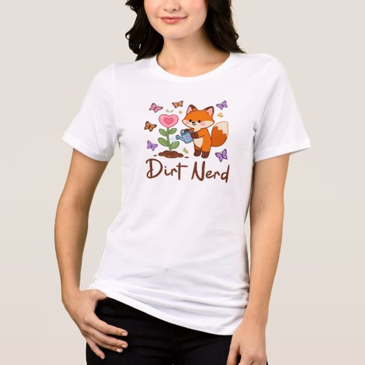 土のマニア、植物と可愛い狐 トライブレンドTシャツ (正面)