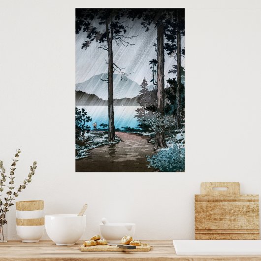 土屋興一による箱根湖の朝雨 ポスター (キッチン)