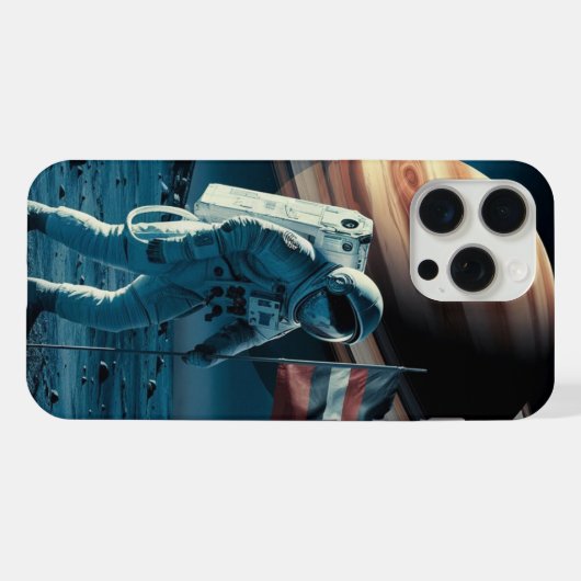 土星に旗を置く宇宙飛行士 – iPhone Case iPhoneケース (裏面横)