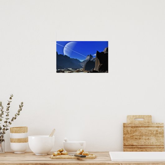 土星の月ミマスのハーシェルクレーターをハイキング ポスター (キッチン)