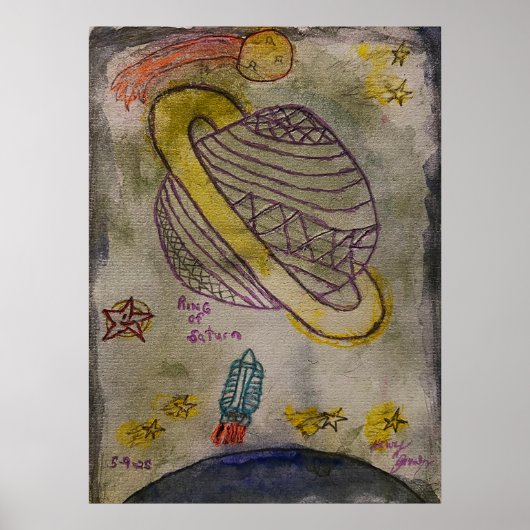 土星の水彩リングや輪 ポスター (正面)