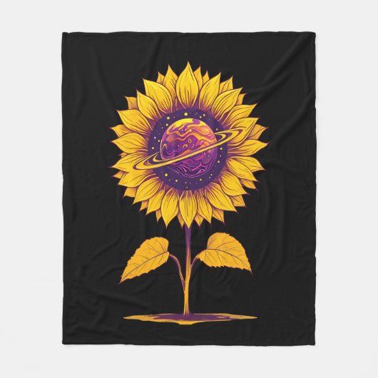 土星ひまわり黒 フリースブランケット (正面)