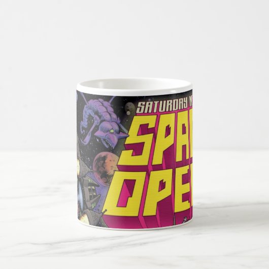 土曜の夜の宇宙のオペラによって拡大されるロゴ! コーヒーマグカップ (中央)