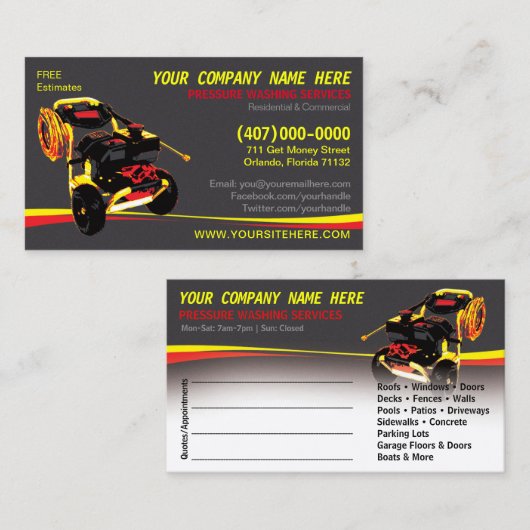 圧力洗浄とクリーニングの名刺テンプレート 予約カード (正面/裏面)