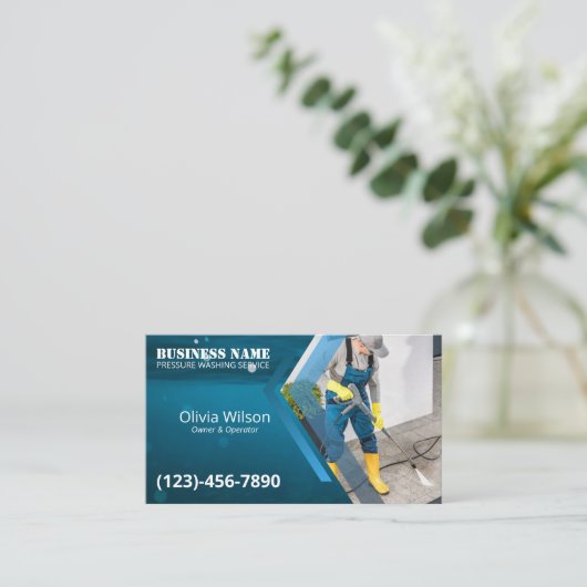 圧力洗浄水洗式水洗式ブルーシークリーニング 名刺 (スタンド正面)