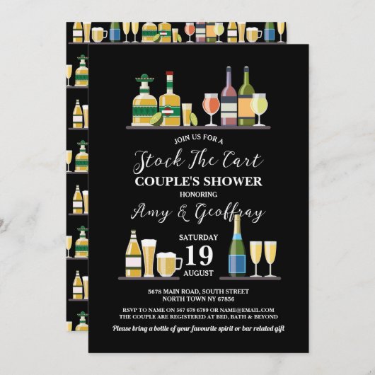 在庫バーカートパーティー婚約カップルのシャワー 招待状 (正面/裏面)