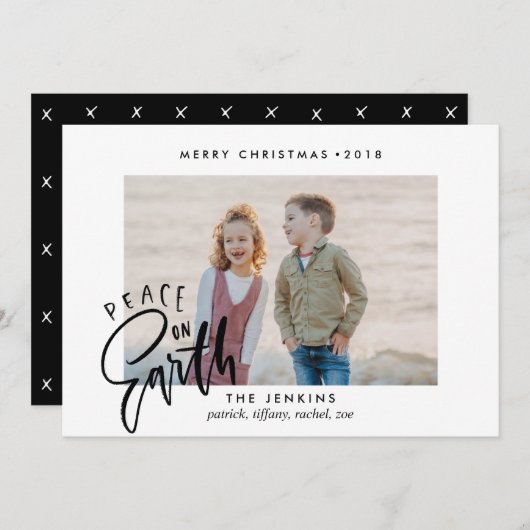 地上の平和 |黒 |クリスマスの休日の写真 招待状 (正面/裏面)