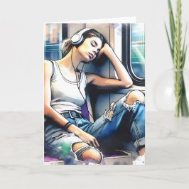 地下鉄で眠る聞女性と音楽 カード