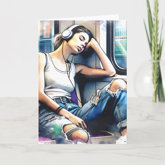 地下鉄で眠る聞女性と音楽 カード (正面)