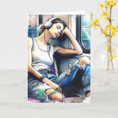 地下鉄で眠る聞女性と音楽 カード (黄色い花)