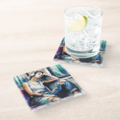 地下鉄で眠る聞女性と音楽 ガラスコースター (アングル)