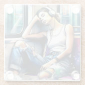 地下鉄で眠る聞女性と音楽 ガラスコースター (裏面)