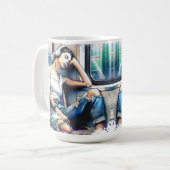 地下鉄で眠る聞女性と音楽 コーヒーマグカップ (正面左)