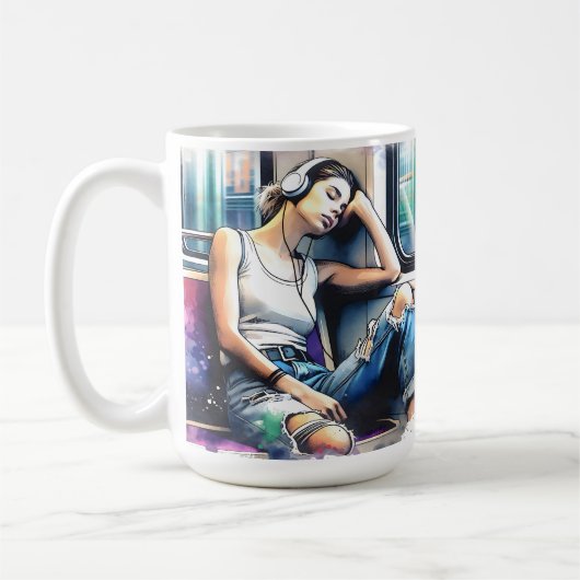 地下鉄で眠る聞女性と音楽 コーヒーマグカップ (左)