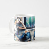 地下鉄で眠る聞女性と音楽 コーヒーマグカップ (正面左)