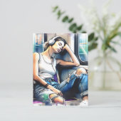 地下鉄で眠る聞女性と音楽 ポストカード (スタンド正面)