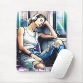 地下鉄で眠る聞女性と音楽 マウスパッド (マウス)