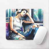 地下鉄で眠る聞女性と音楽 マウスパッド (マウス)